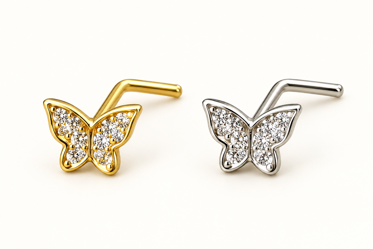 Gold and silver crystal butterfly L-shape nose studs showing the bent posts