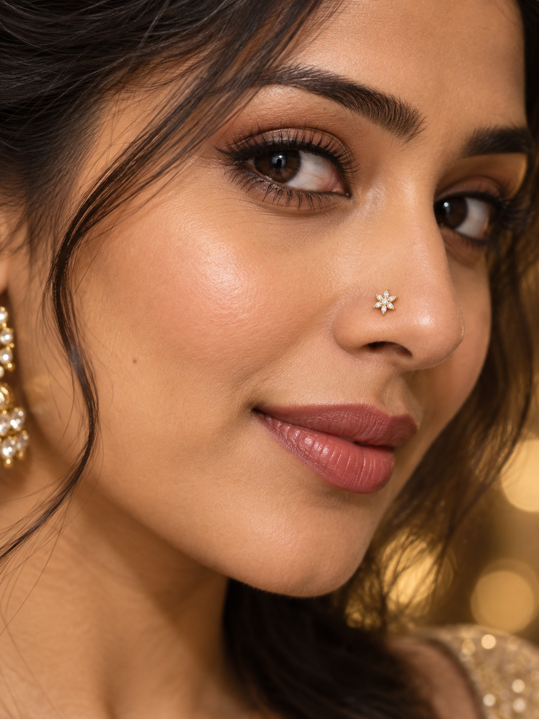 86 Crystal Cluster Flower Ball Tip Nose Stud worn on model