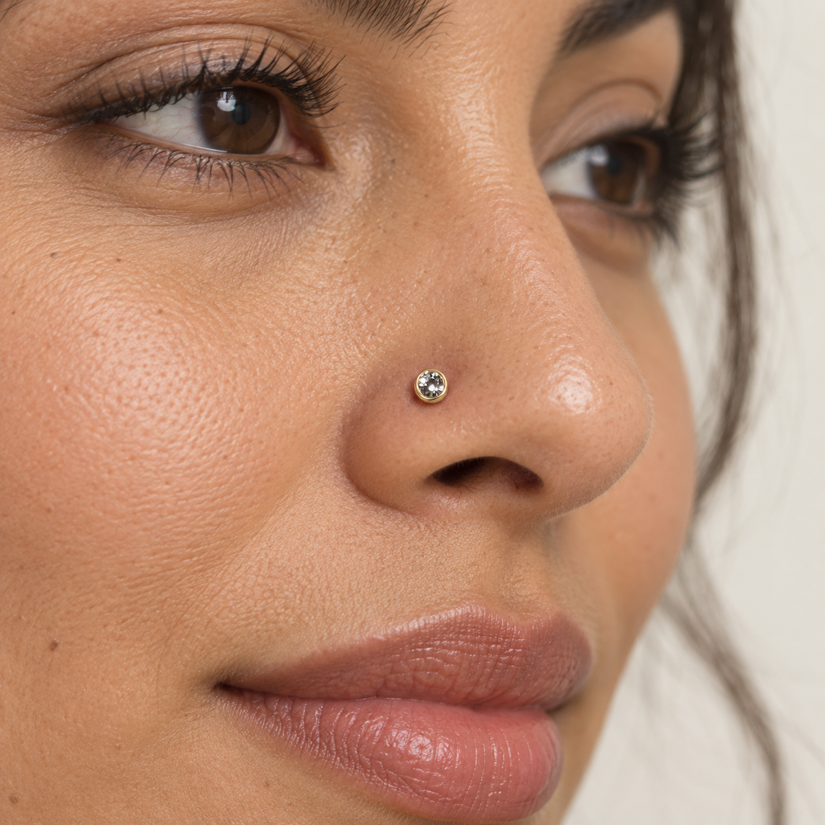 06 large round bezel crystal nose stud worn on model