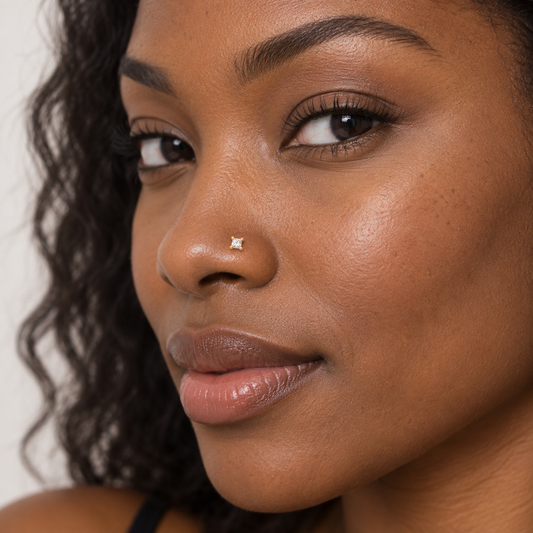 07N small square four-prong L-shaped nose stud worn on model