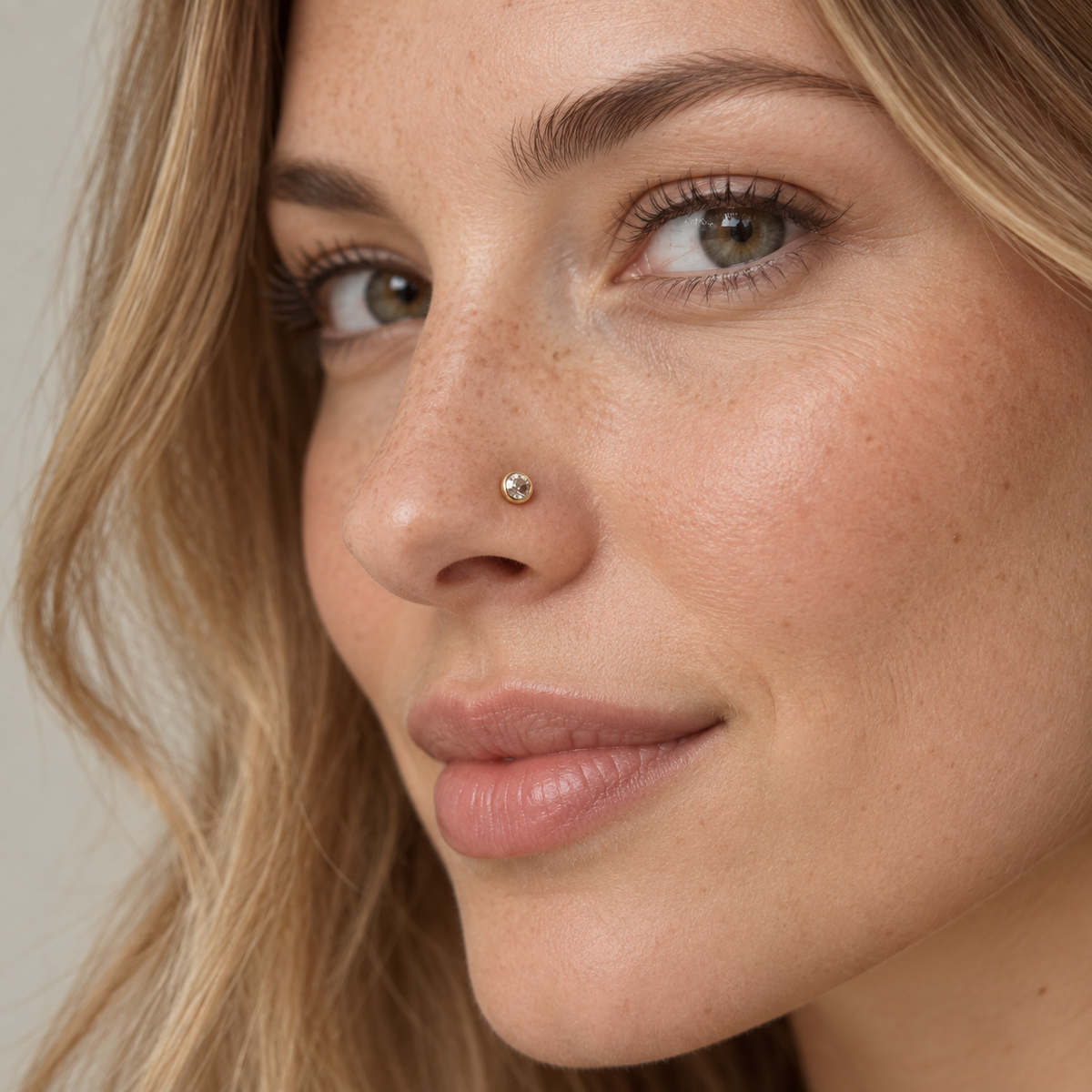 08 large round bezel L-shaped nose stud worn on model