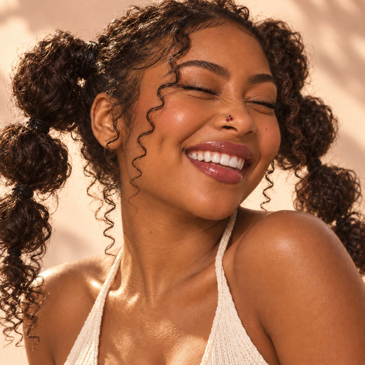12 tiny cherry L-shape nose ring worn by smiling model
