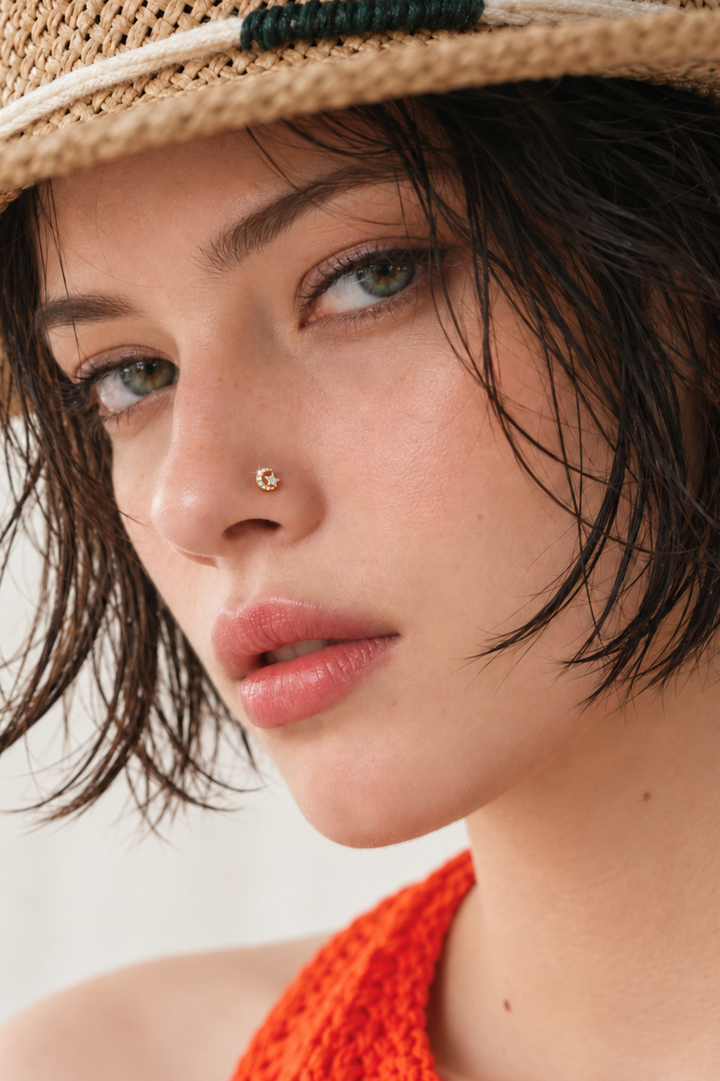 JOAJOA 123 Gold Star and Crescent Nose Stud close-up wearing image