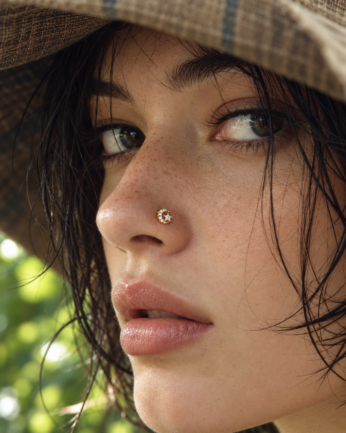 Gold crystal star and crescent L-shape nose stud worn on model
