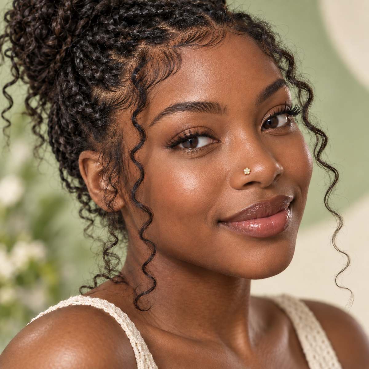 13 tiny gold crystal flower nose ring worn by model