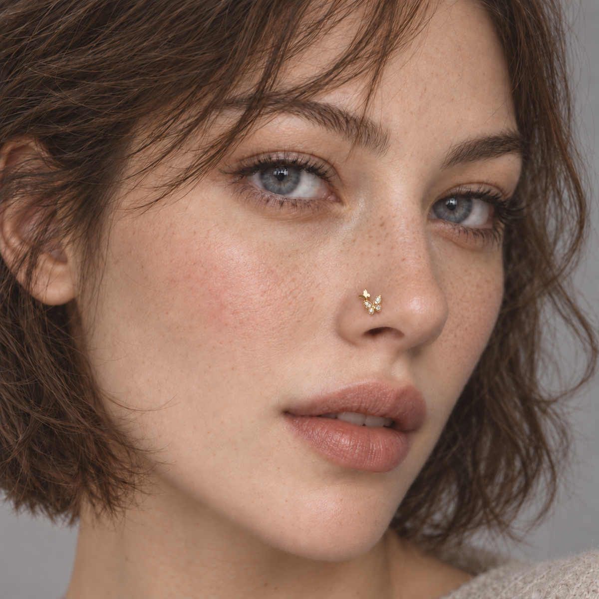 JOAJOA 142 gold two-butterfly L-shape nose stud worn by blue-eyed brunette model