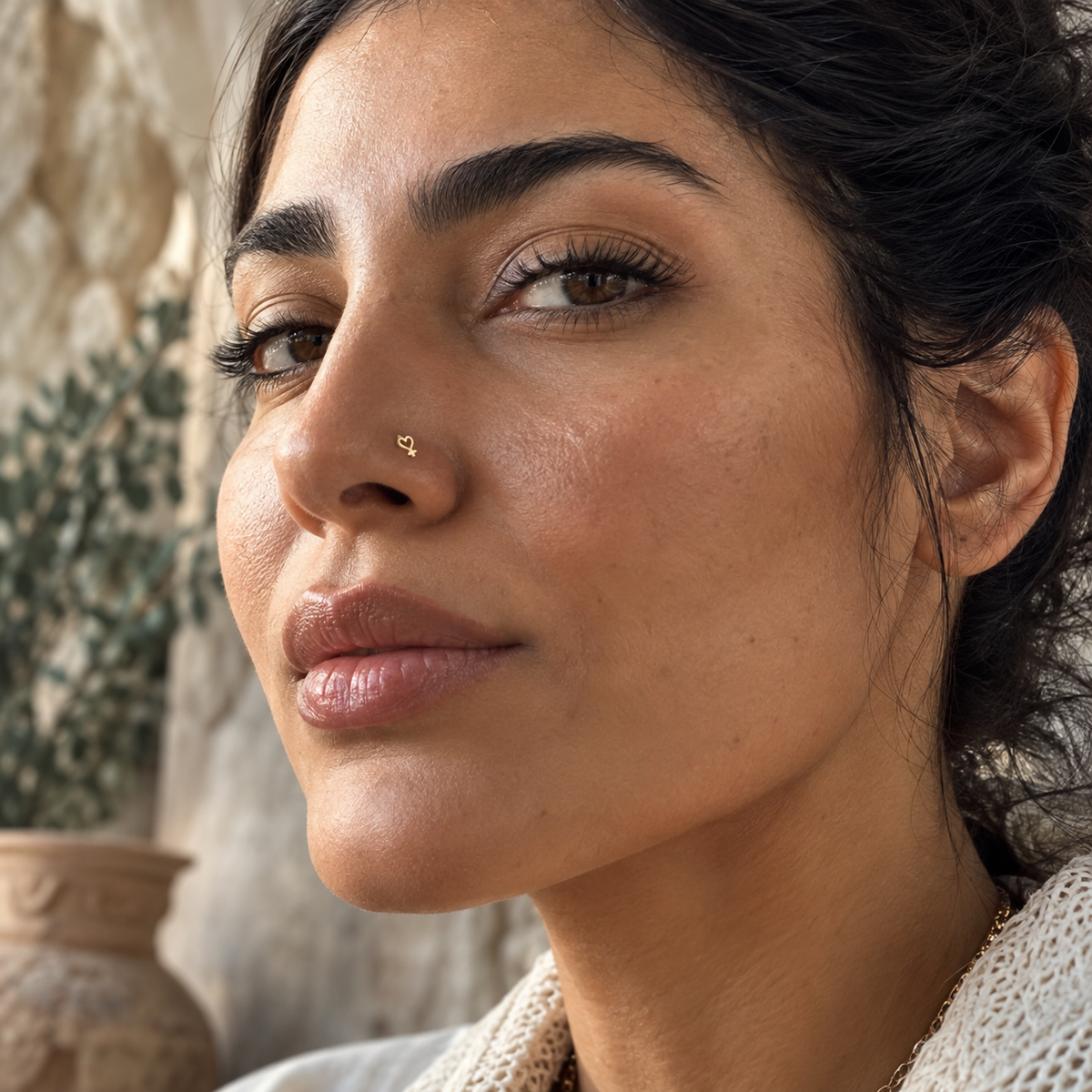 JOAJOA 150 gold Heart with Cross L-shaped nose stud worn naturally on model