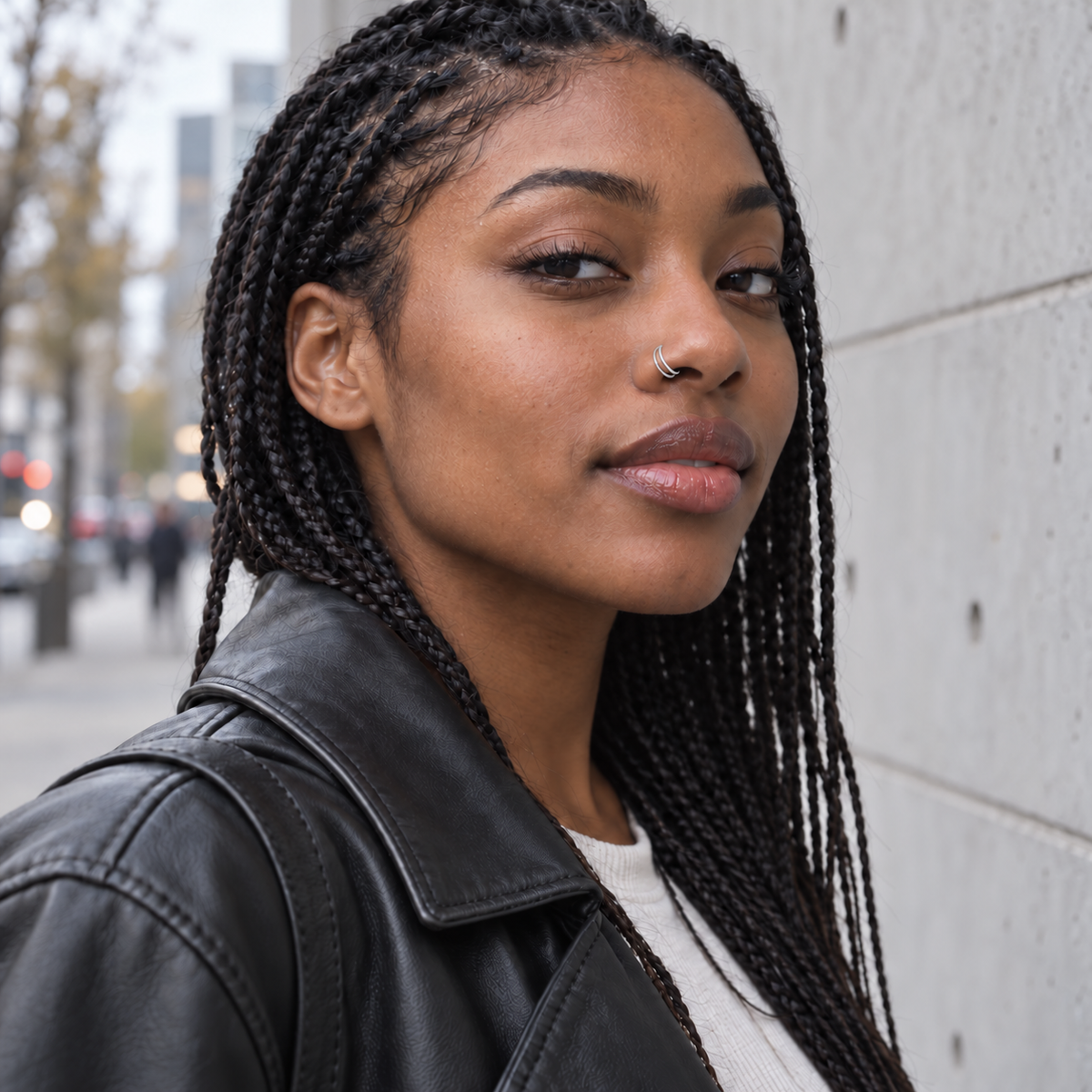 Model wearing JOAJOA 16 silver double-line hoop nose ring