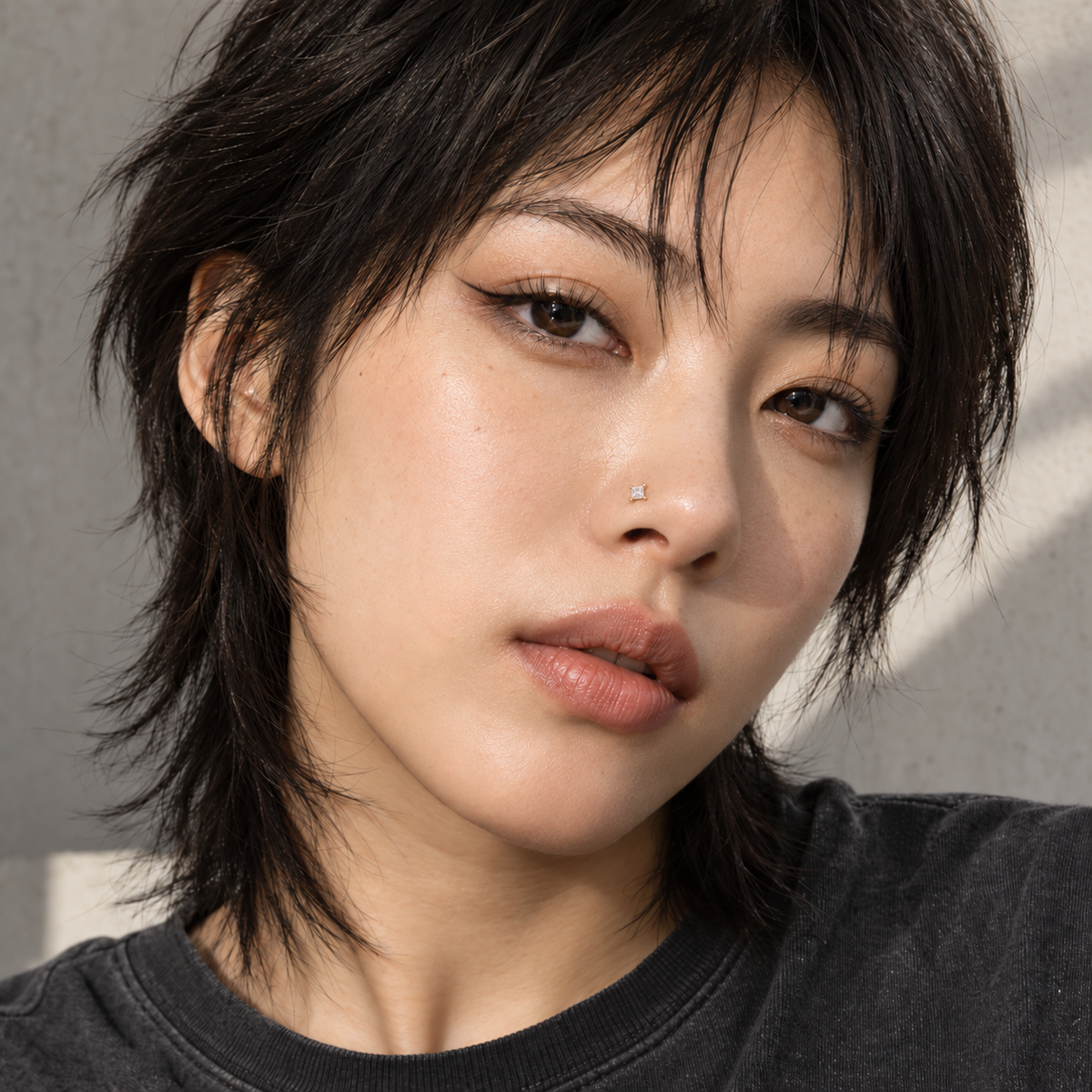 Model wearing JOAJOA 19N small square crystal with four short claw prongs