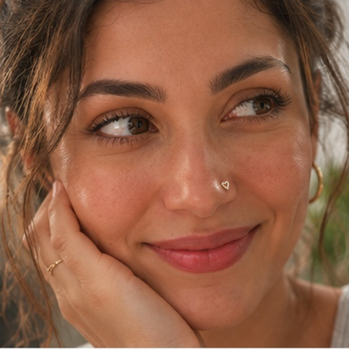 27 Crystal Heart L-shaped nose stud worn by model
