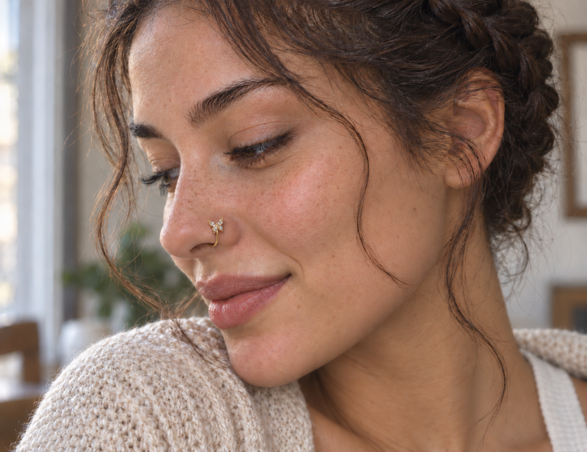 Model wearing 94 Butterfly D Hoop nose ring