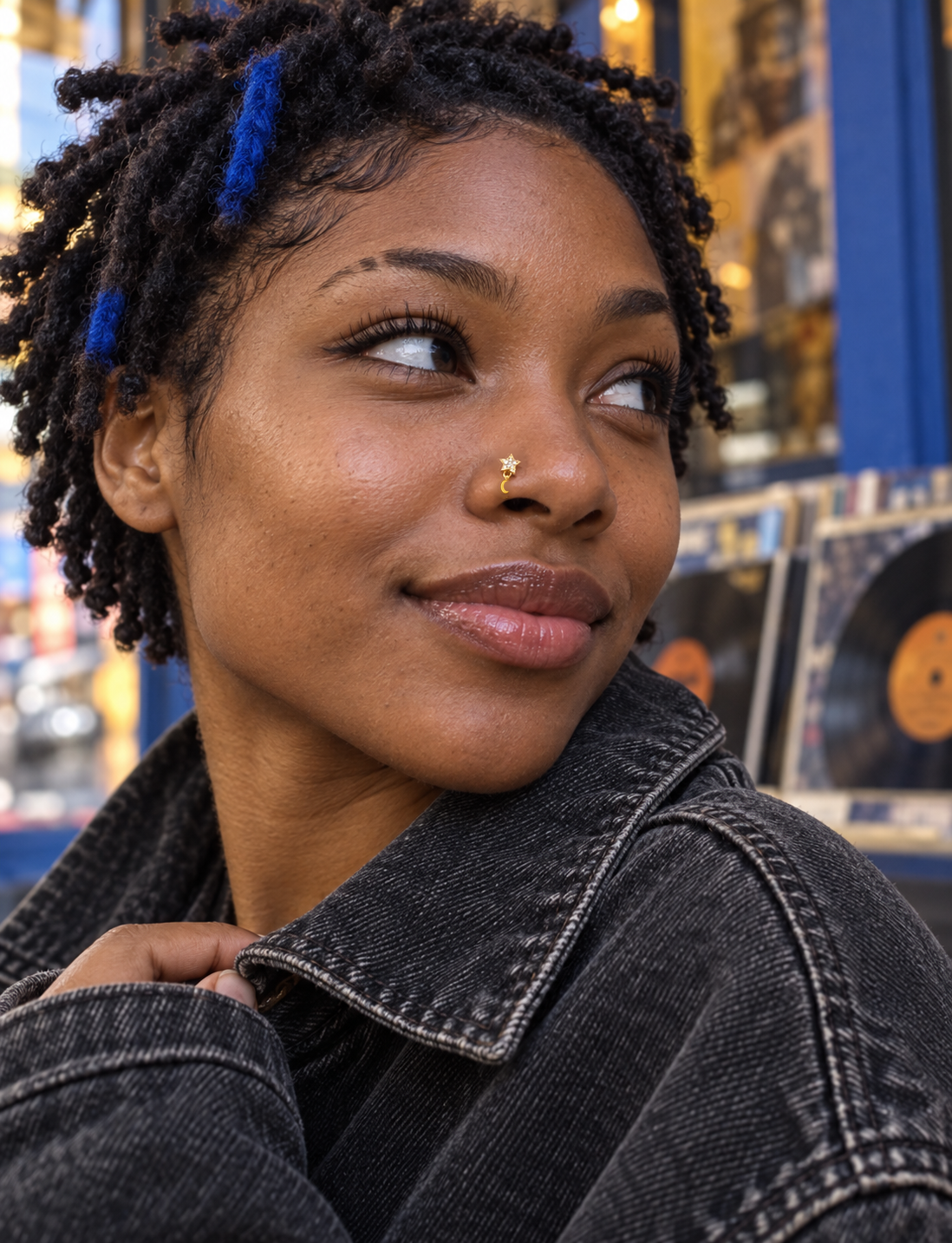 Model wearing 95 Star and Moon L-Shape nose ring