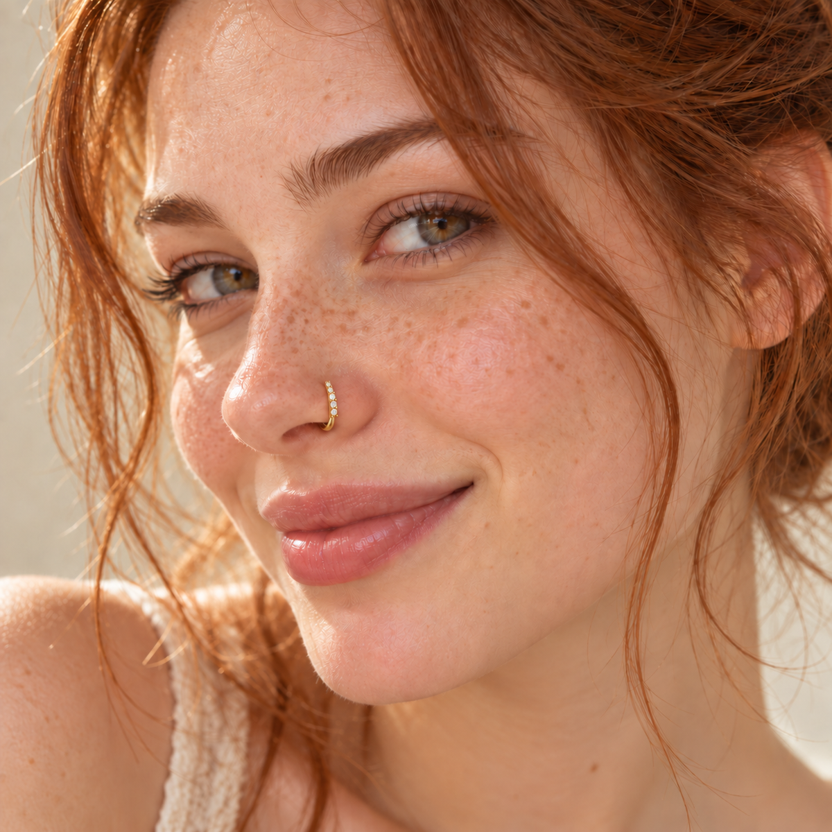 35 seven-stone gold clip-on nose ring wearing image
