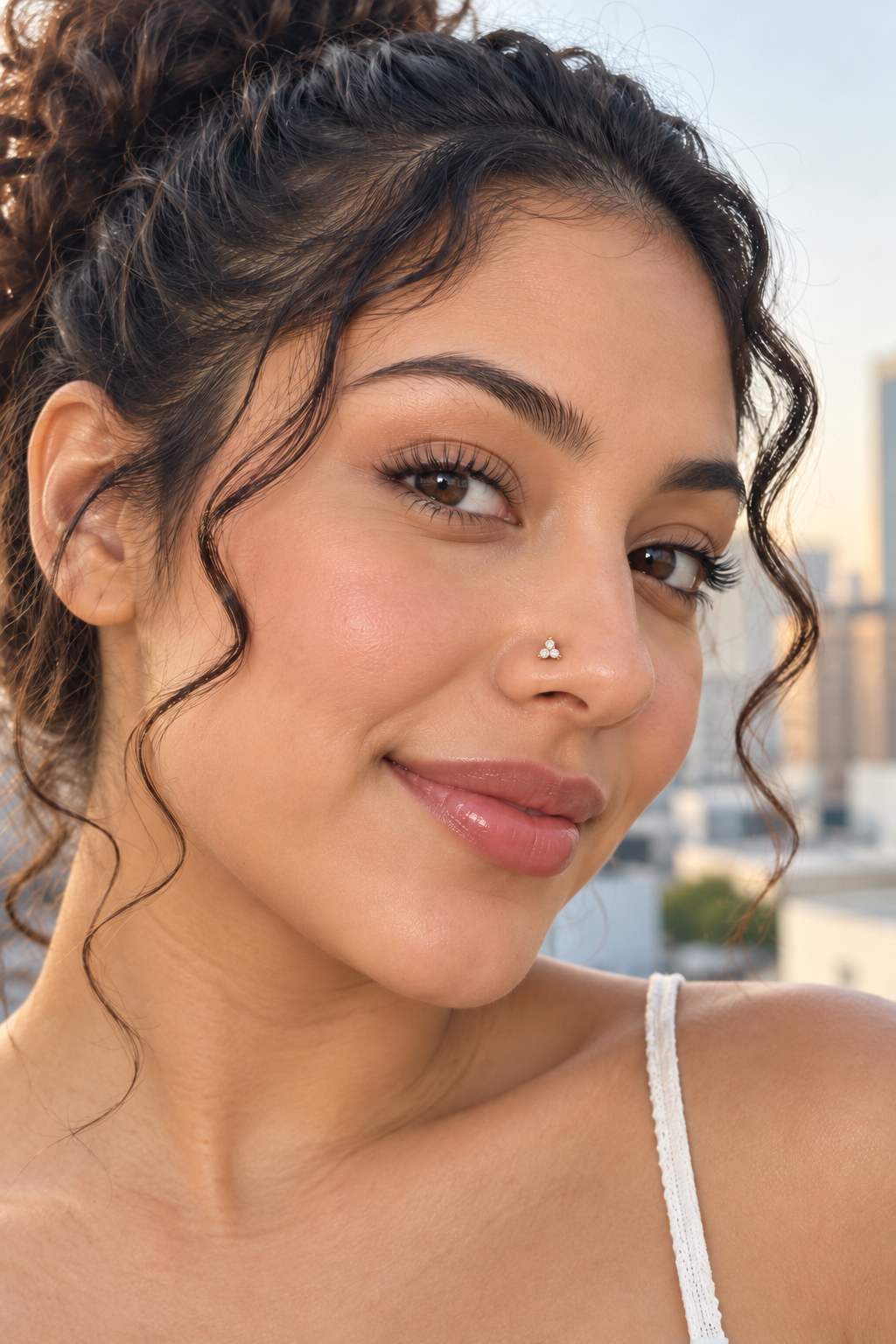 Young woman wearing a smaller JOAJOA 36 three-stone nose stud in gold
