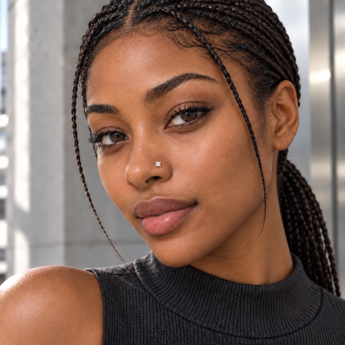Young woman wearing a 3mm square clear crystal nose stud with four gold claw prongs