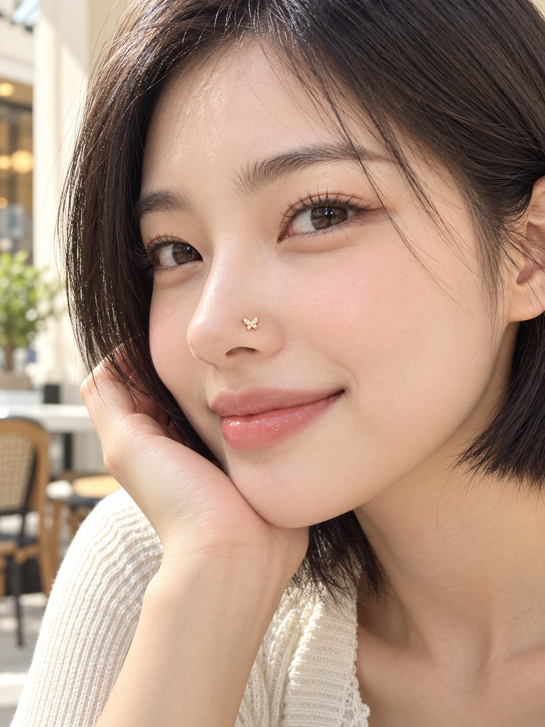 44 gold crystal butterfly nose stud worn by a young woman