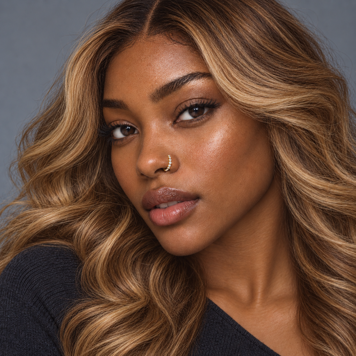 45 gold multistone hoop nose ring with honey blonde waves