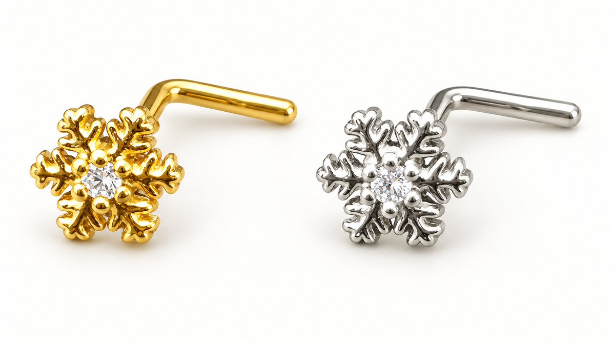 Gold and silver crystal snowflake L-shape nose studs showing the bent posts