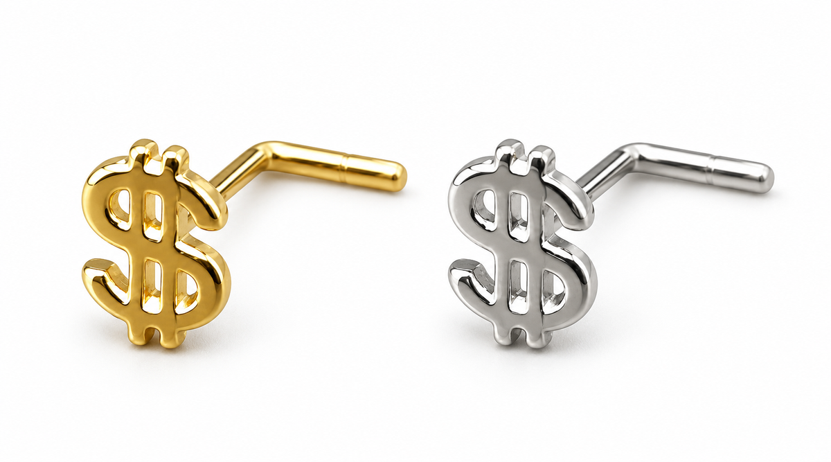 Gold and silver dollar sign L-shape nose studs showing the bent posts