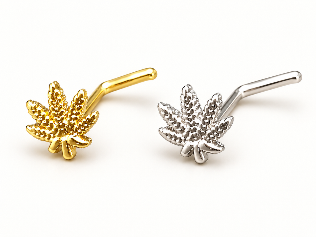 Gold and silver marijuana leaf L-shape nose studs showing the bent posts