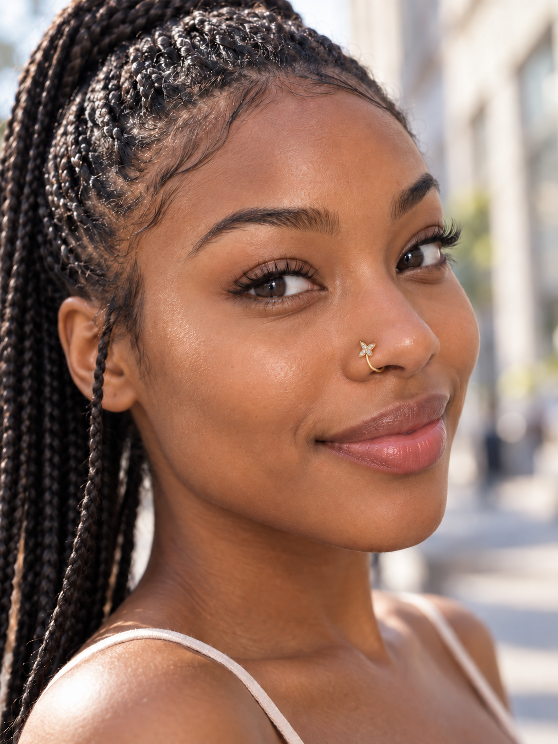57 Gold Crystal Butterfly B Hoop Nose Ring worn by a model