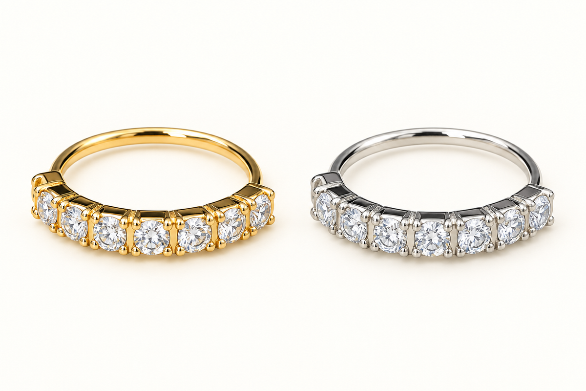Gold and silver hoop nose rings with seven clear crystals