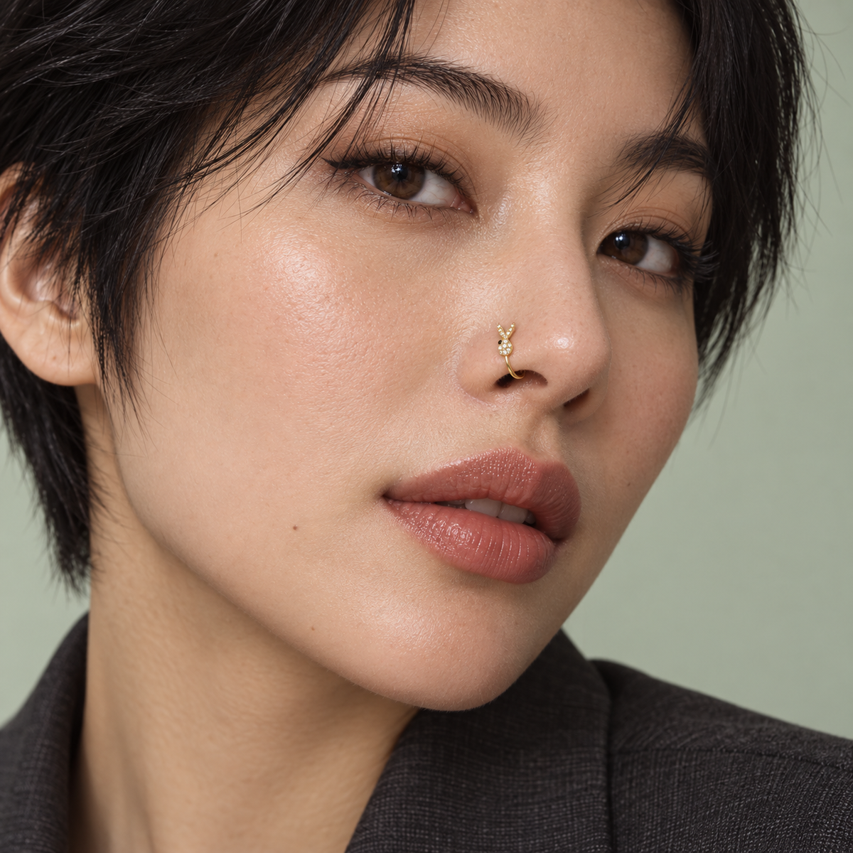 JOAJOA 65 petite upright gold crystal rabbit clip-on nose ring, editorial wearing image