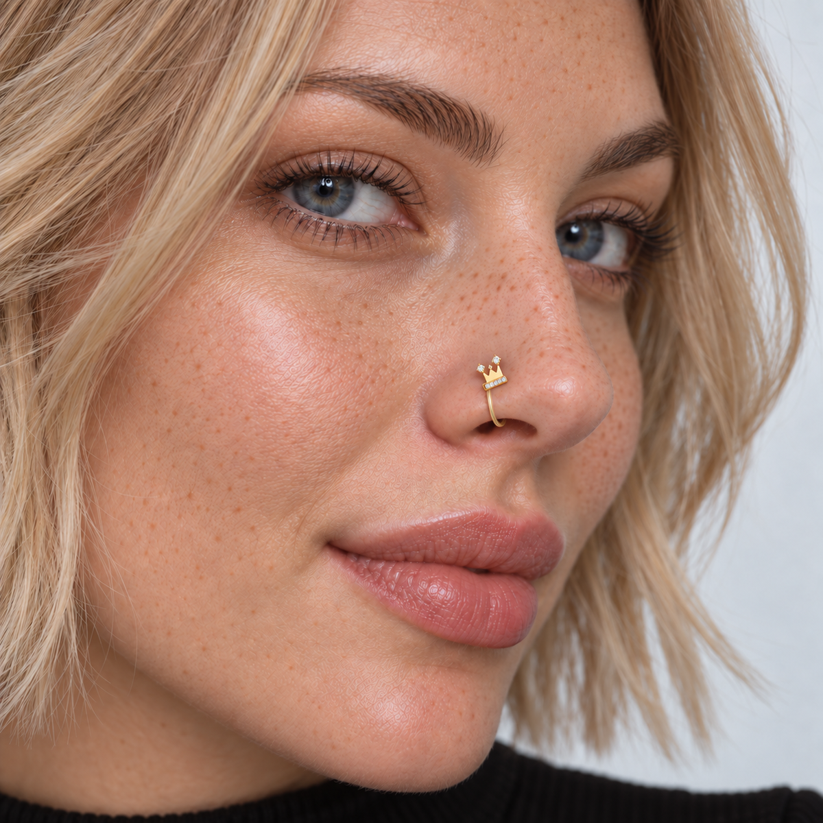 Blonde freckled model wearing JOAJOA 71 gold three-point crystal crown clip-on nose ring
