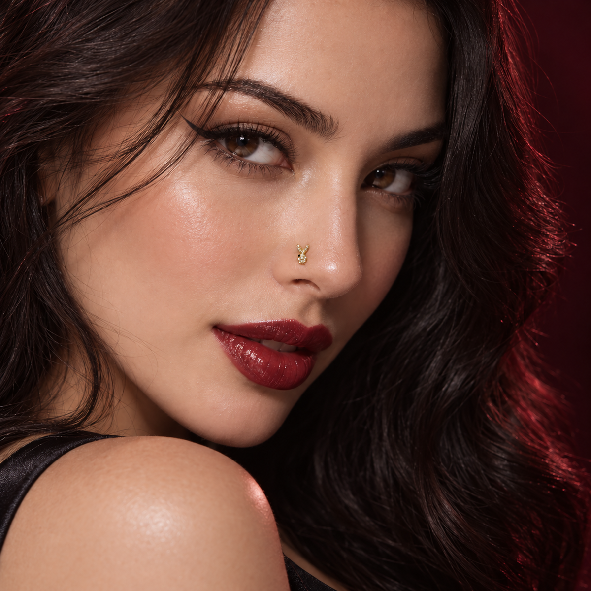 Glamorous fashion model wearing JOAJOA 77 extra-petite gold crystal rabbit L-shape nose stud