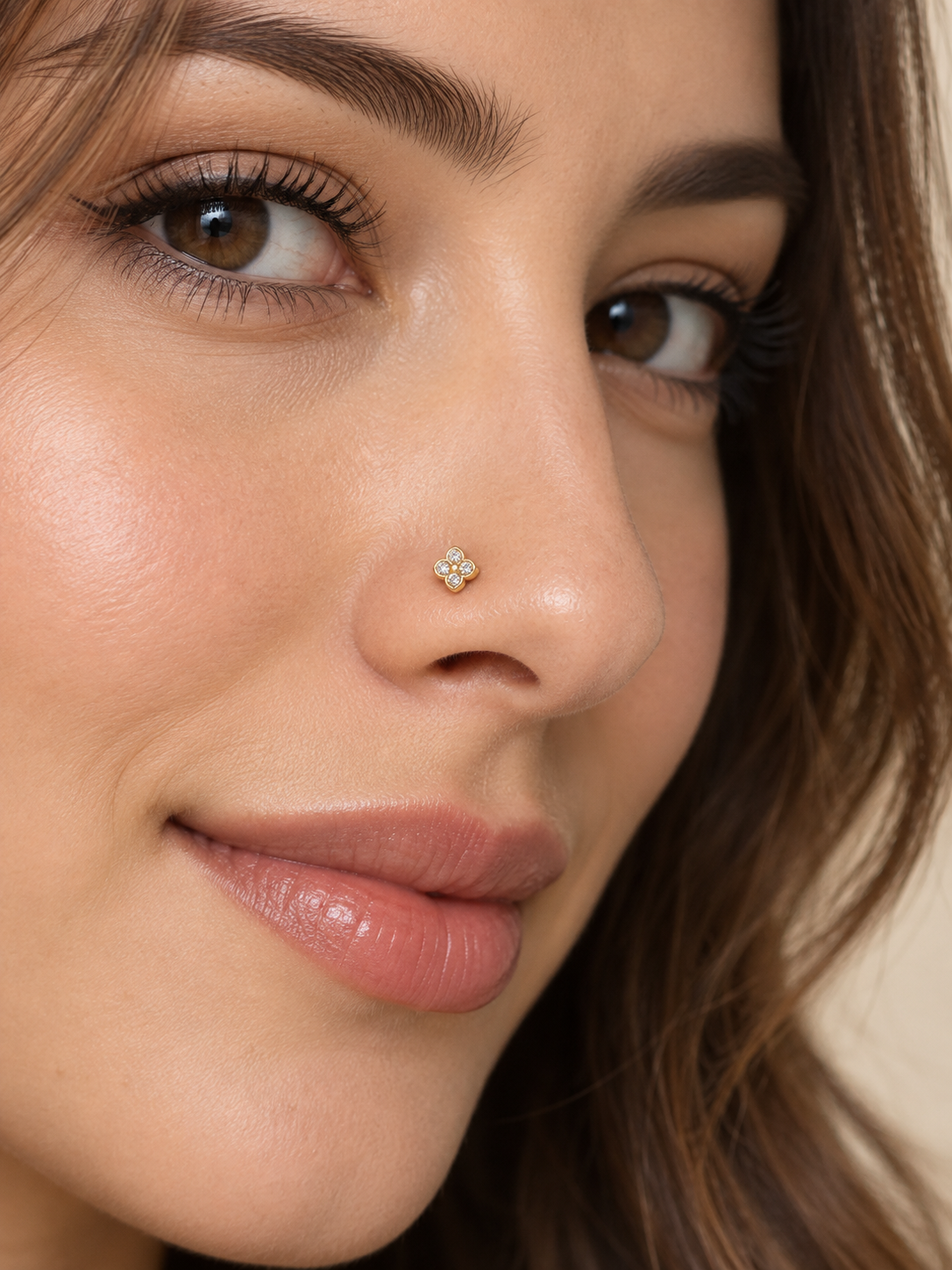 80 Crystal Blossom L-Shape Nose Stud worn on model