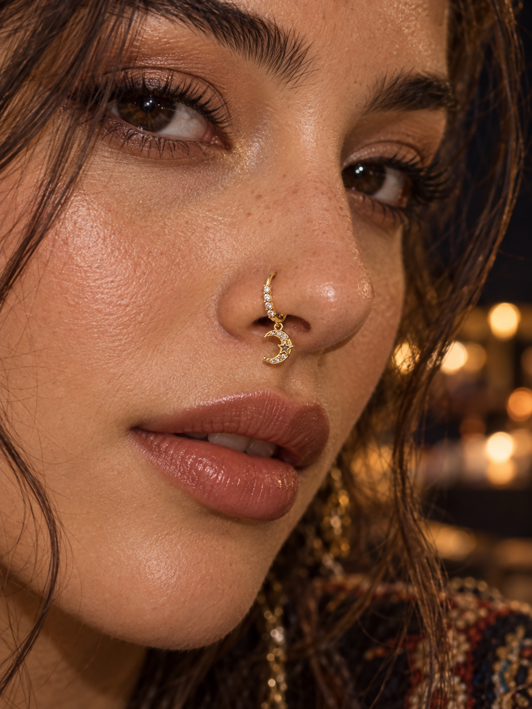 81 Crystal Moon Charm Hoop Nose Ring worn on model