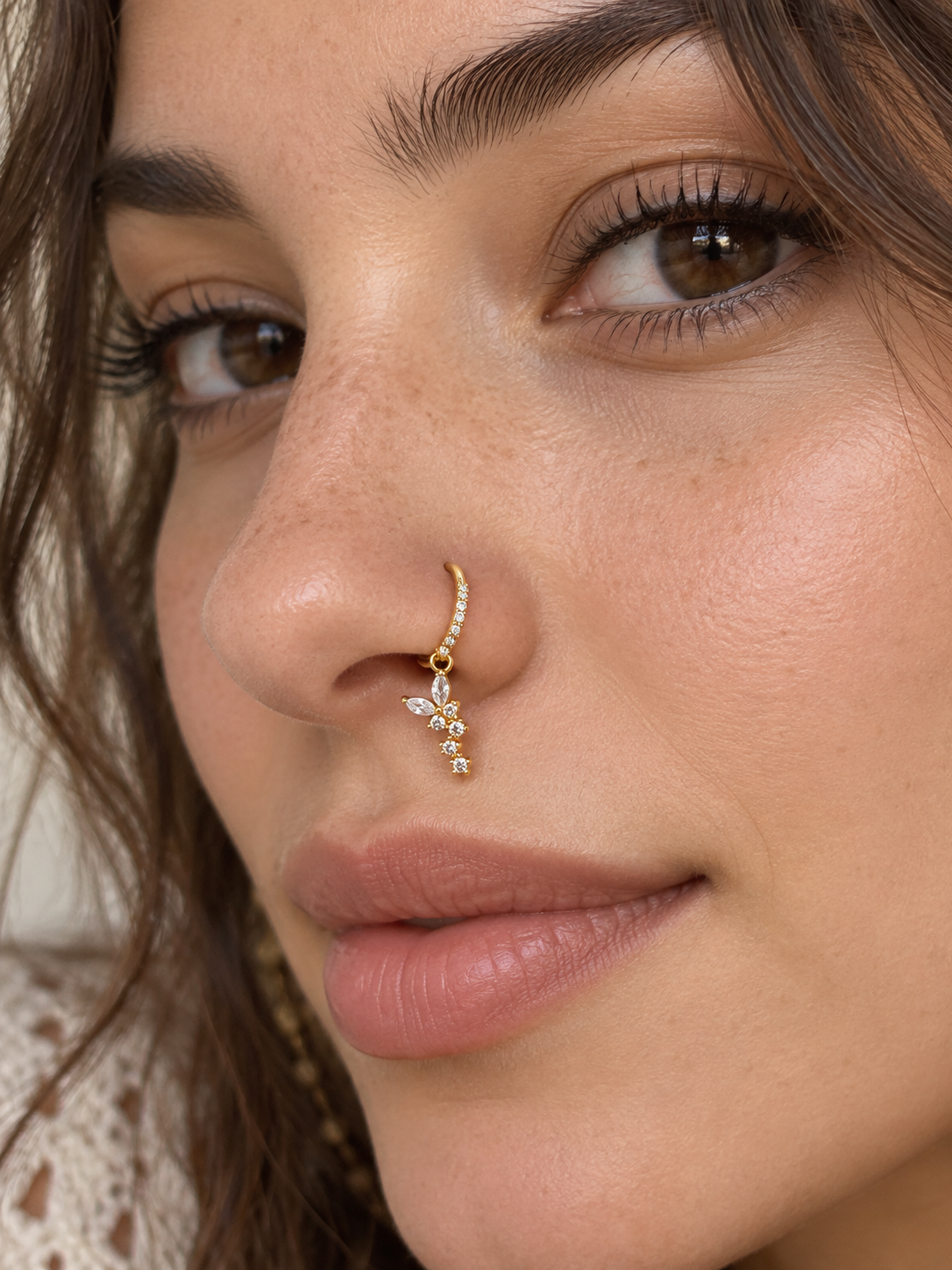 82 Crystal Butterfly Charm Hoop Nose Ring worn on model