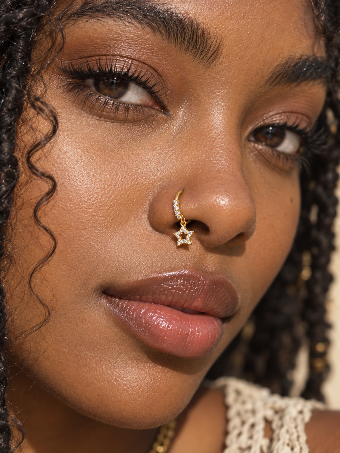 83 Crystal Star Charm Hoop Nose Ring worn on model