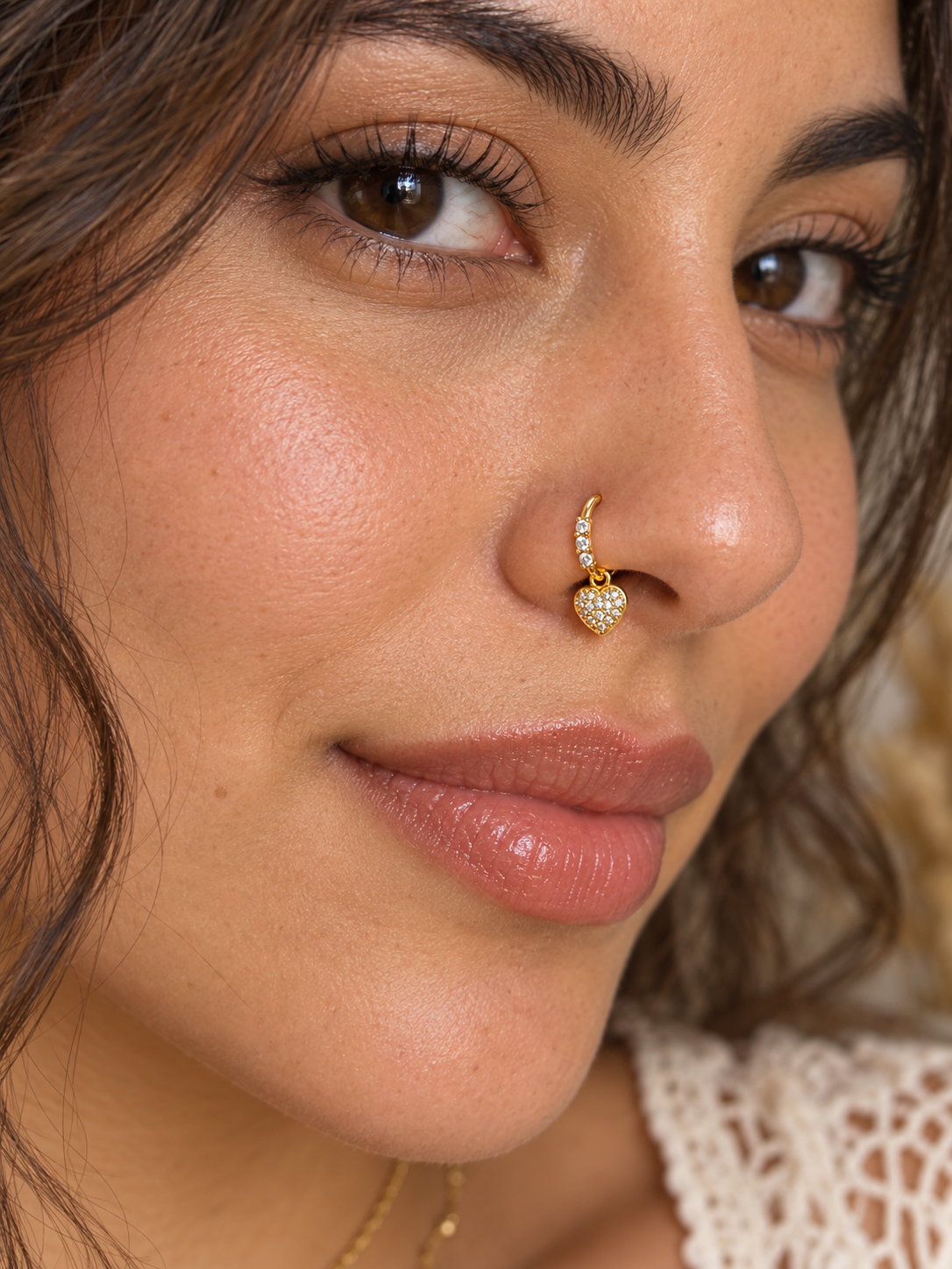 84 Crystal Heart Charm Hoop Nose Ring worn on model