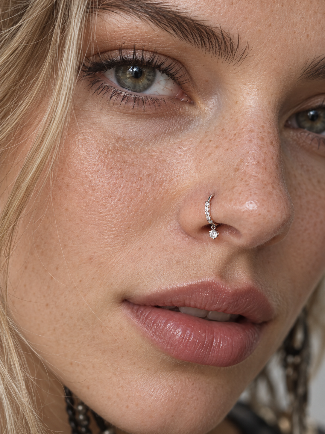 85 Solitaire Crystal Charm Hoop Nose Ring worn on model