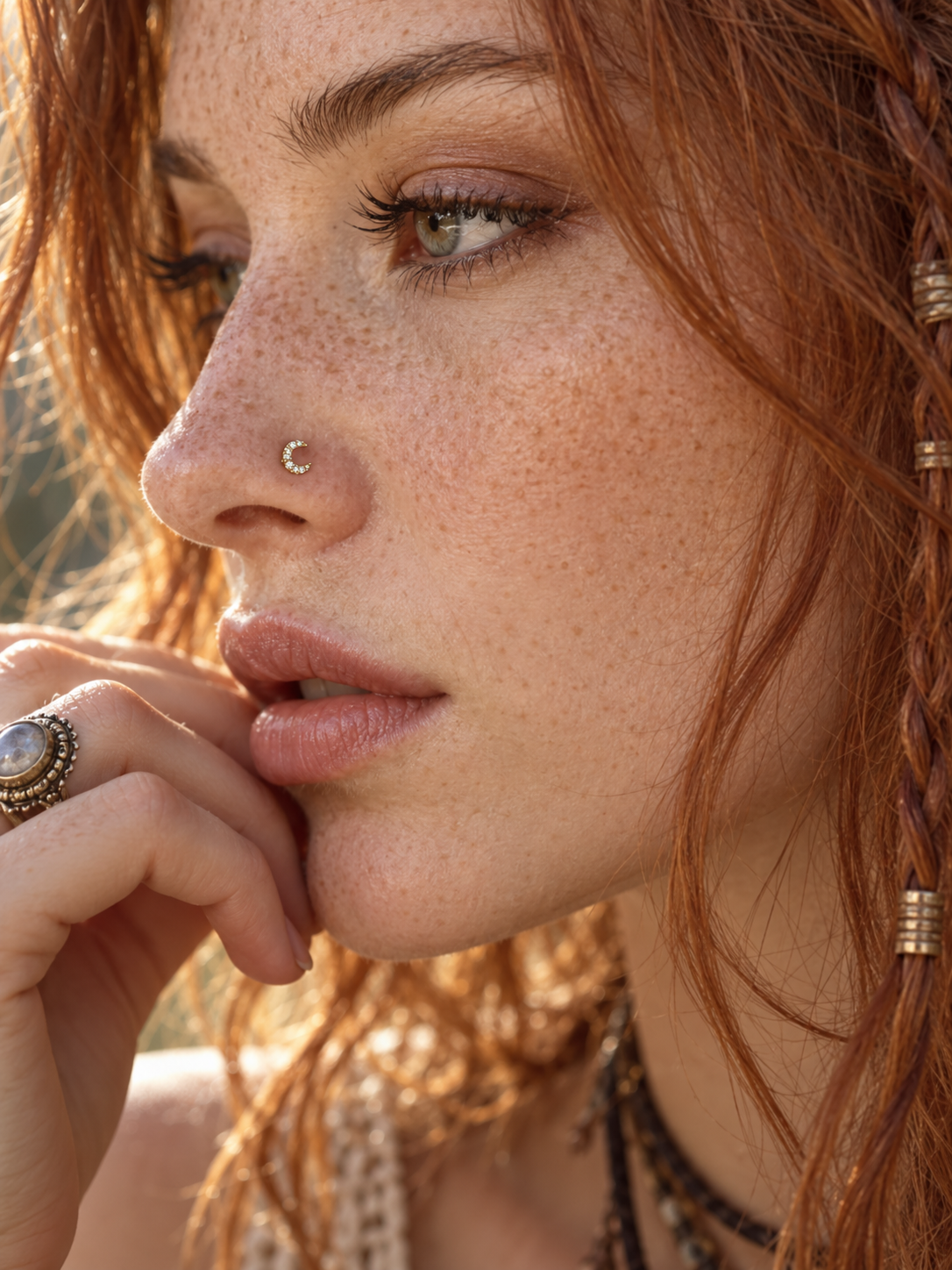 88 Crystal Crescent Ball Tip Nose Stud worn on model