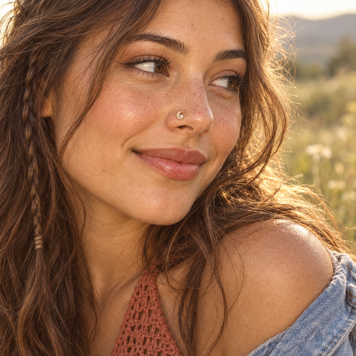 Golden-hour model wearing JOAJOA 88 petite crystal crescent ball-tip nose stud