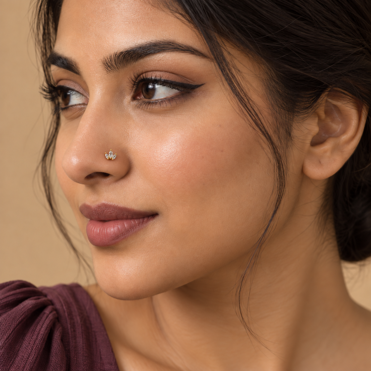 Model wearing smaller JOAJOA 89 Three Leaves Ball Tip Nose Stud