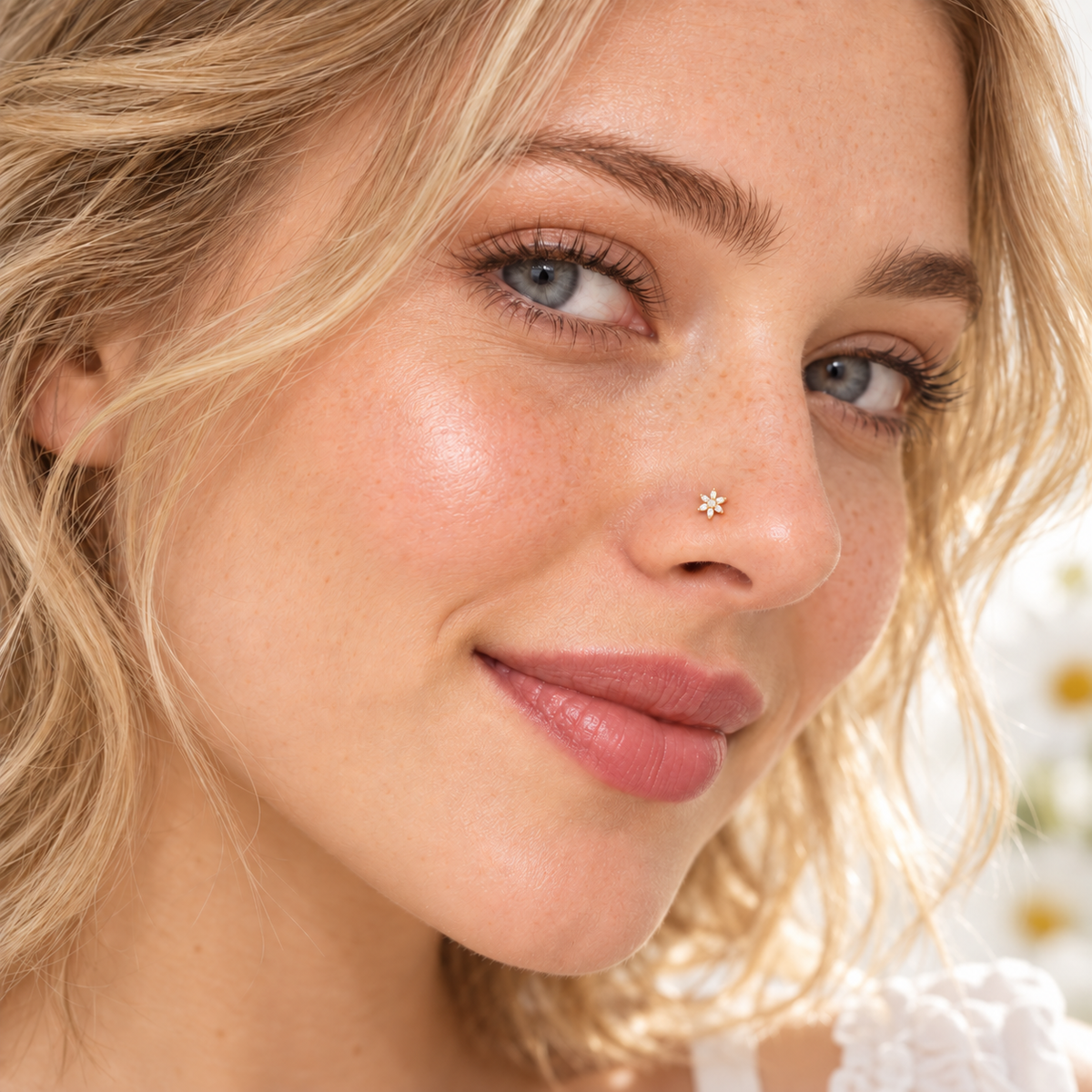 86L Crystal Cluster Flower L-Shape Nose Stud worn by model